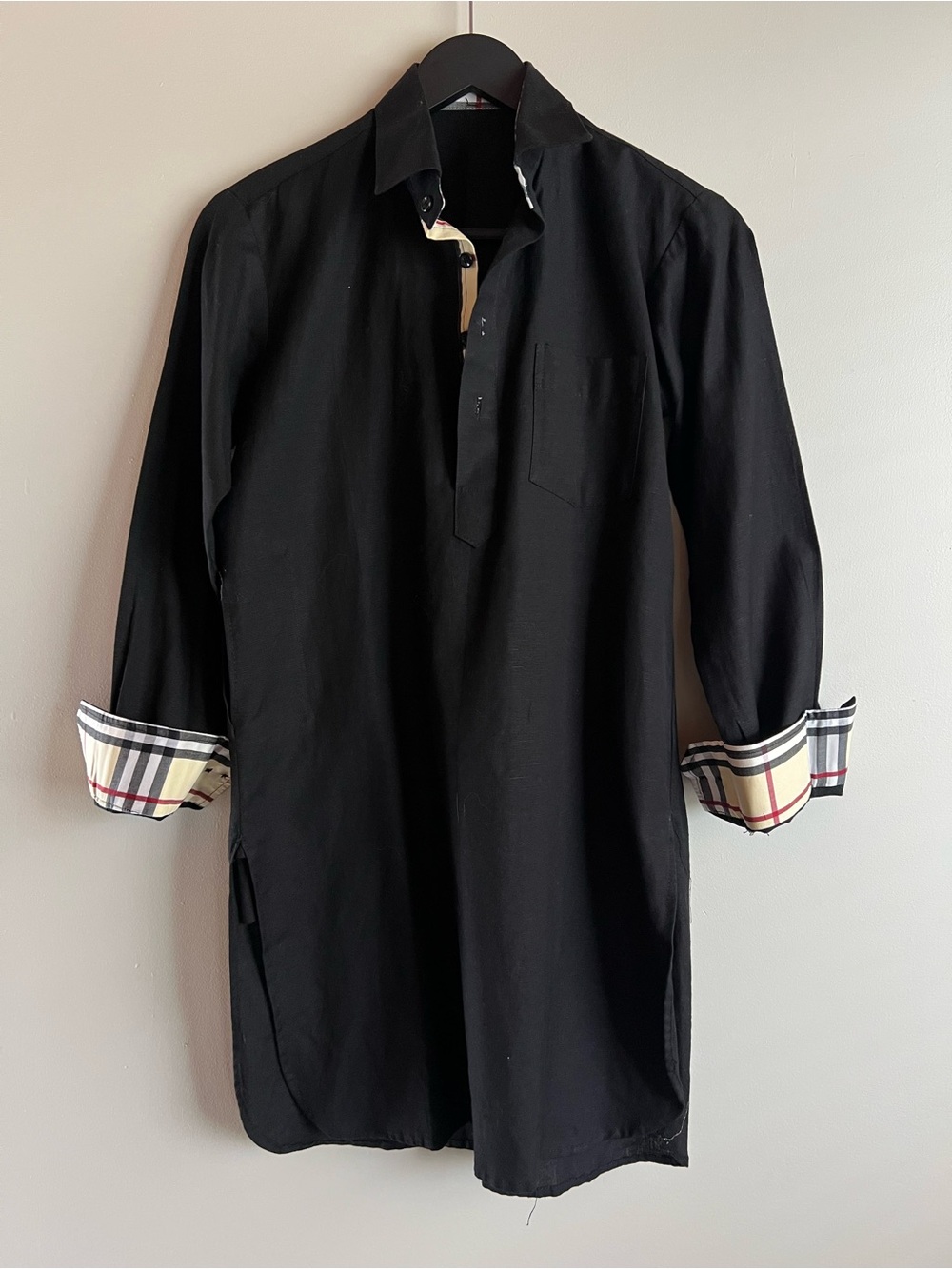 Black Longline Plaid Trim Tunic Blouse 3/4 Sleeve Career Shirt Top Medium